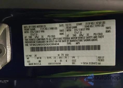 2016 Ford Escape Se из США, поврежденный, VIN 1FMCU9GX2GUC00434